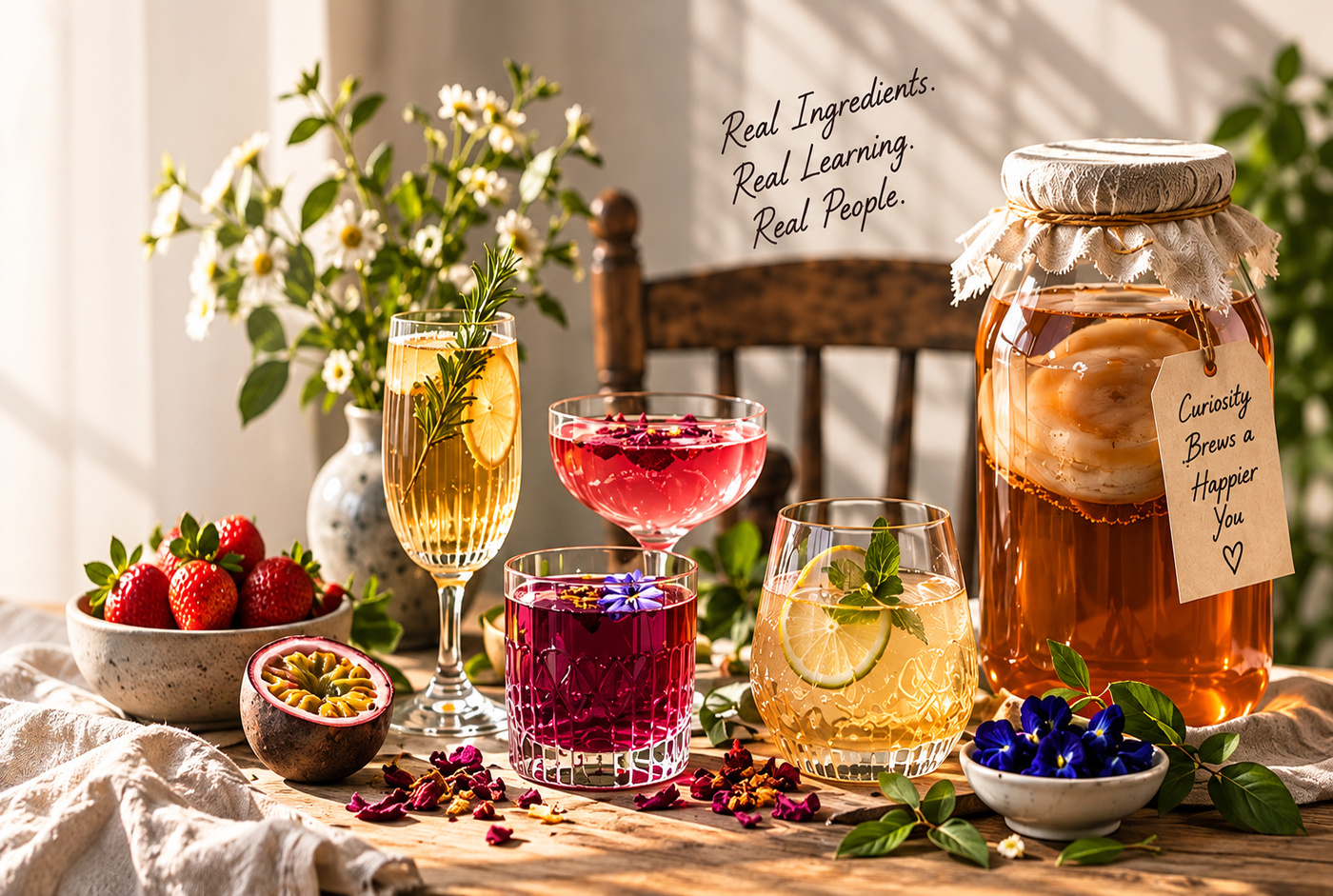 Kombucha table with colourful drinks and brewing jar